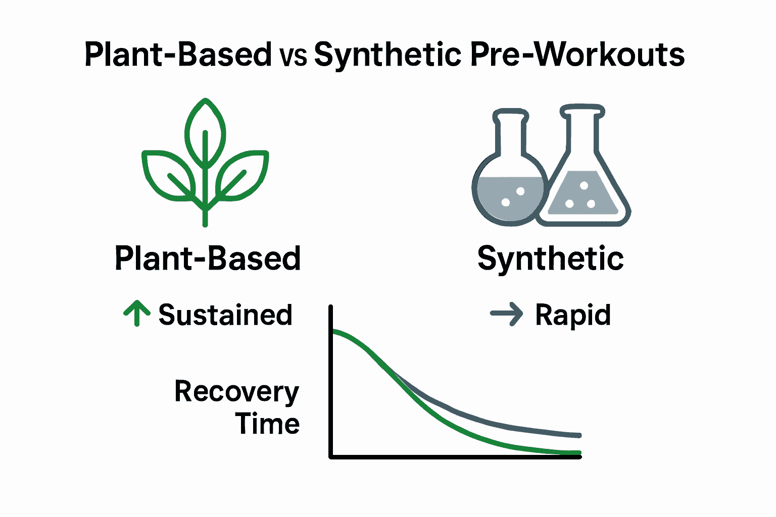 Infographic comparing plant and synthetic pre-workouts by ingredients, energy, and recovery.