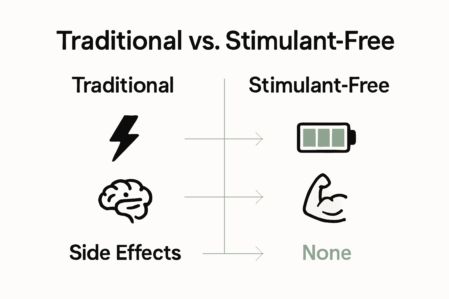 Infographic comparing stimulant-free and traditional pre-workout supplements with icons and side effects.