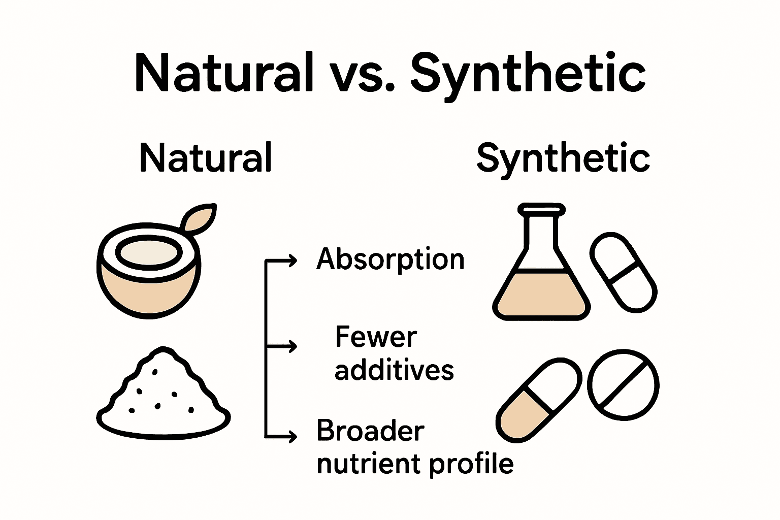 Infographic comparing natural and synthetic ingredient benefits in electrolyte tablets.