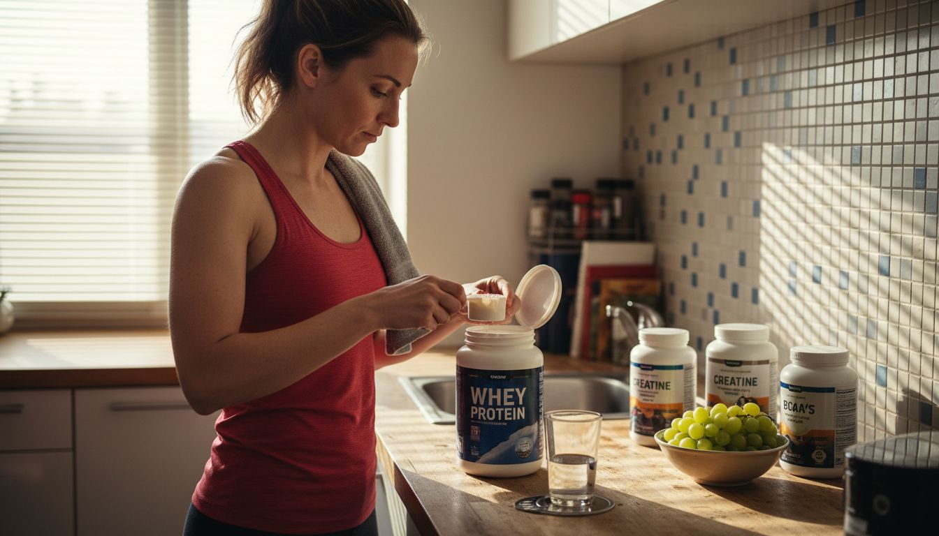Athlete measuring supplement powder at kitchen counter