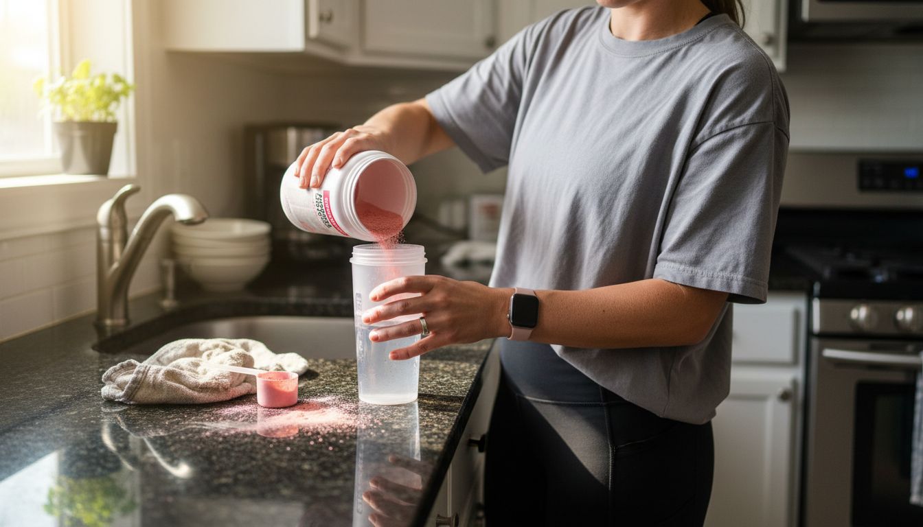 Woman adding powder to workout drink