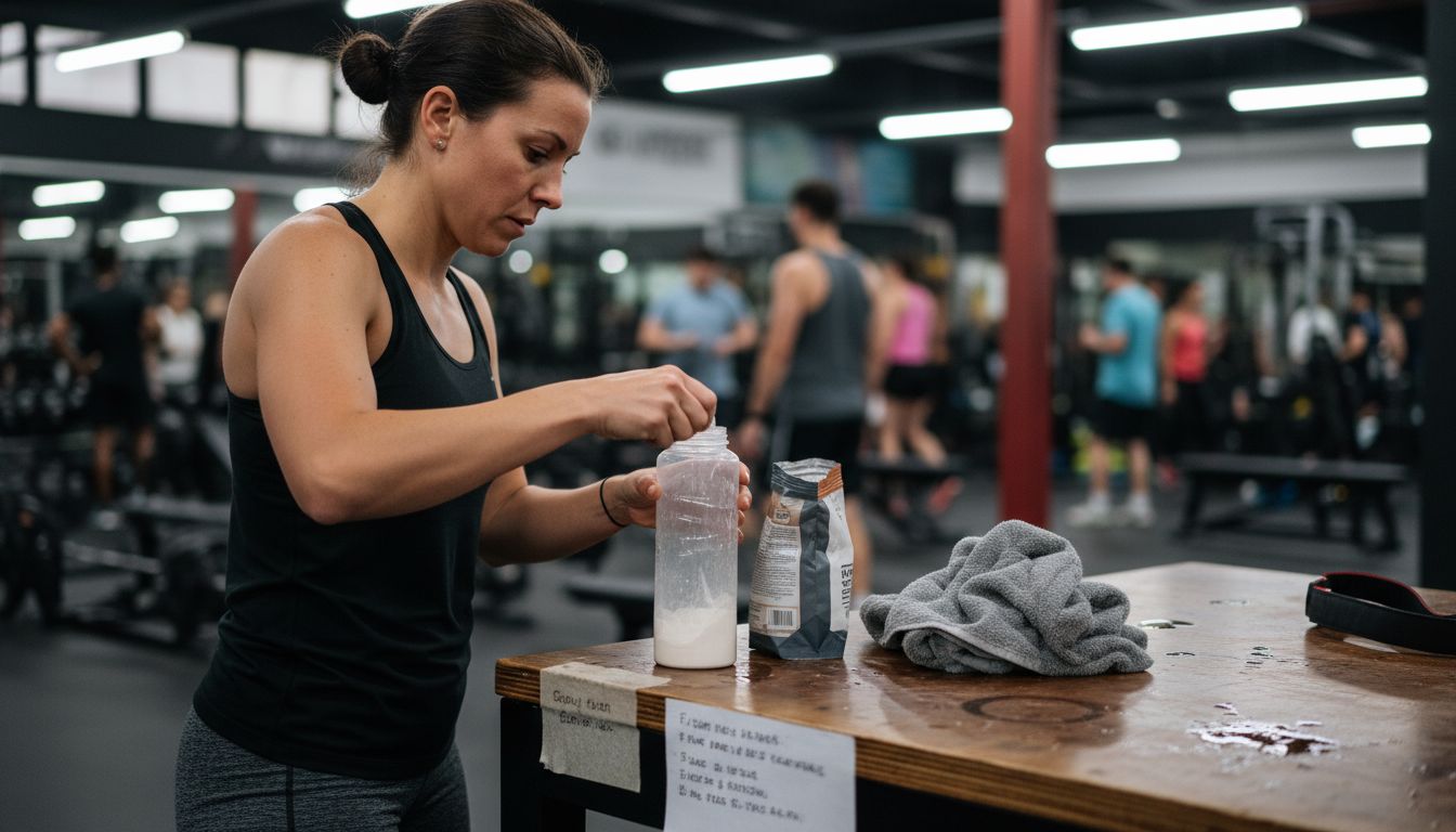 Athlete mixes supplement drink in gym
