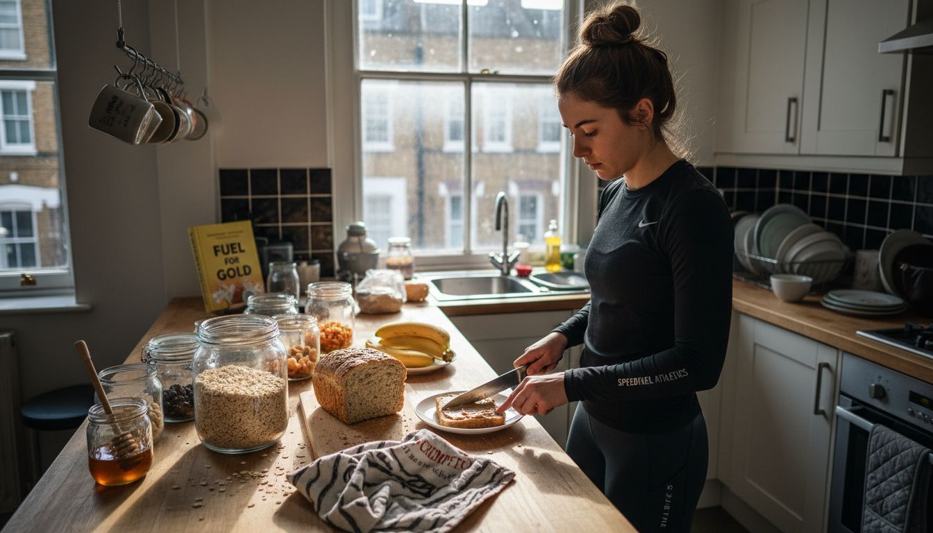 Athlete prepping carbohydrate-rich foods in kitchen