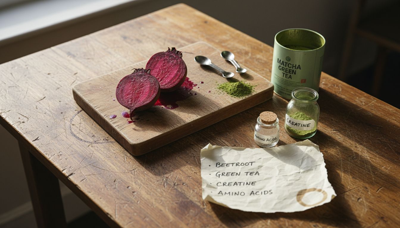 Key natural pre-workout ingredients on table