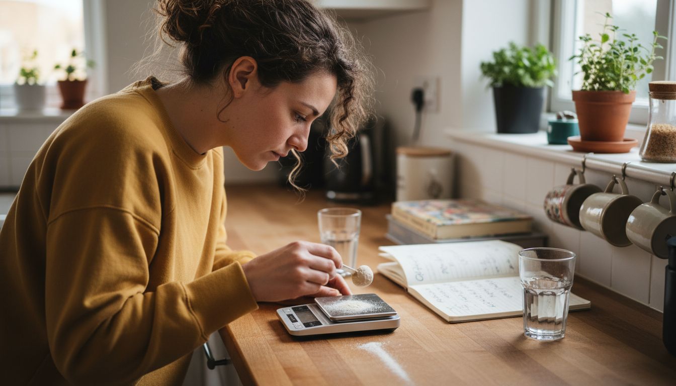 Woman precisely measuring supplement powders