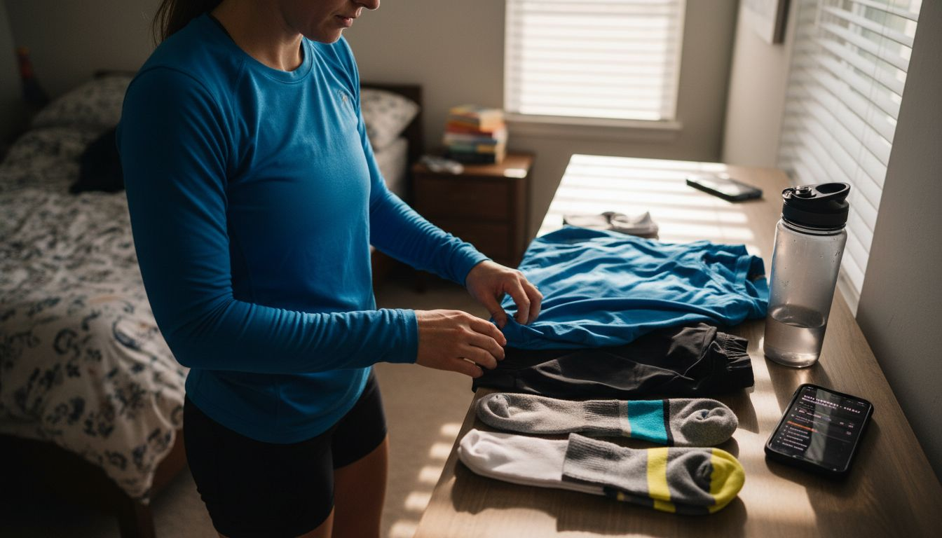 Athlete sorts kit on cluttered dresser