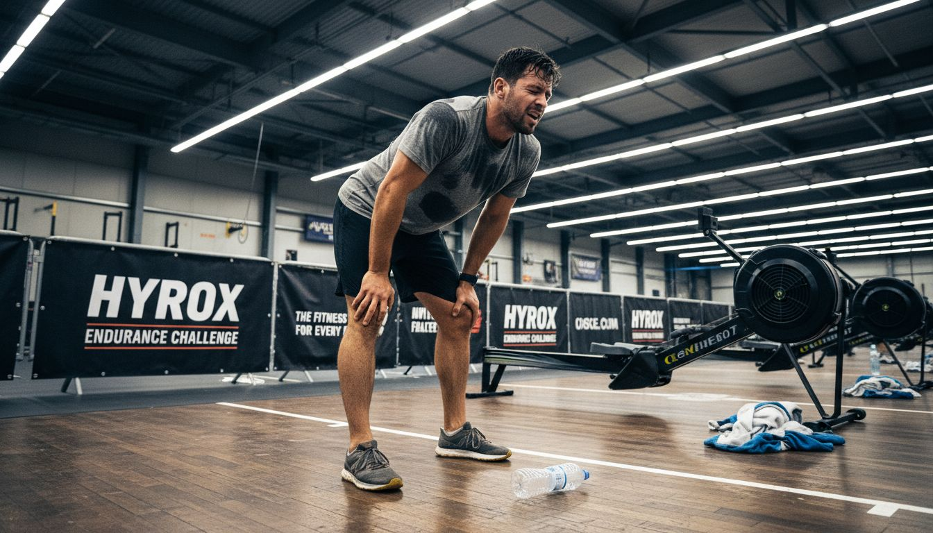 Hyrox athlete sweating during intense competition