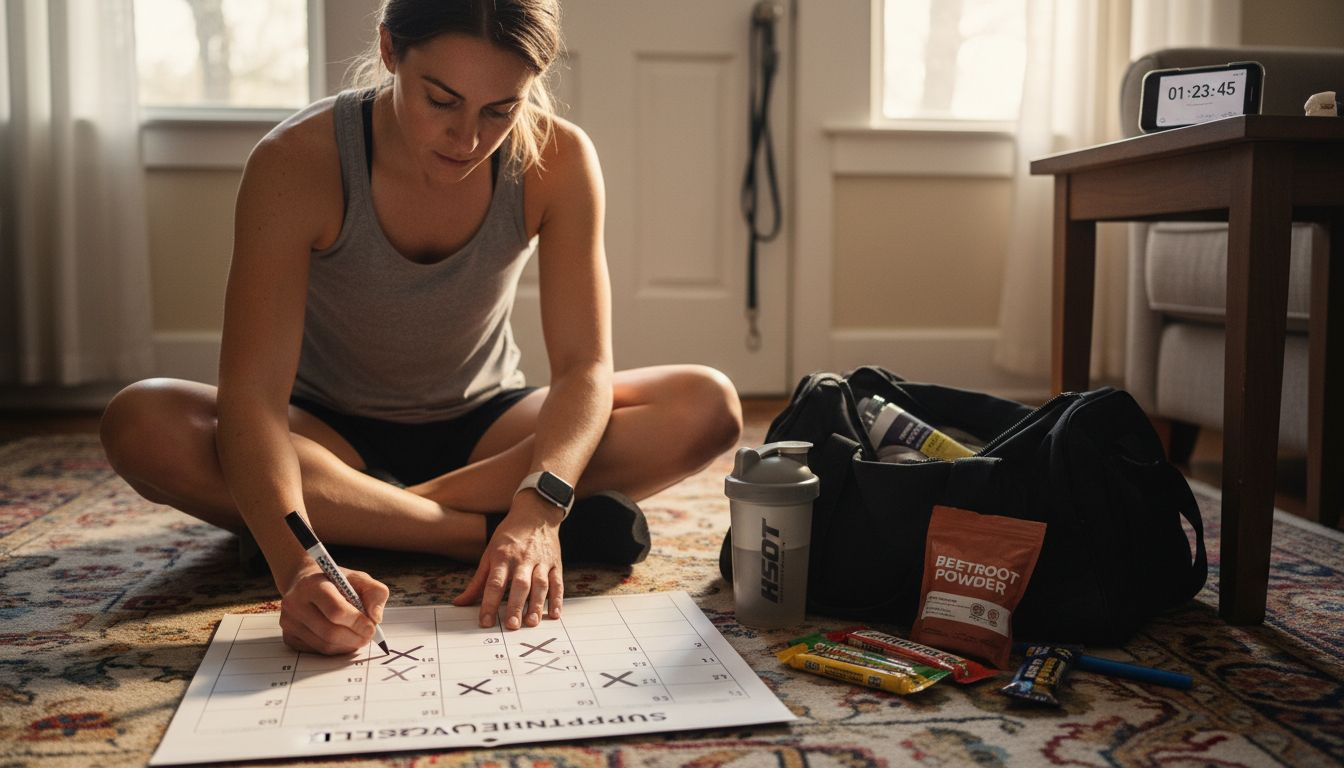 Athlete planning supplement cycle on paper calendar