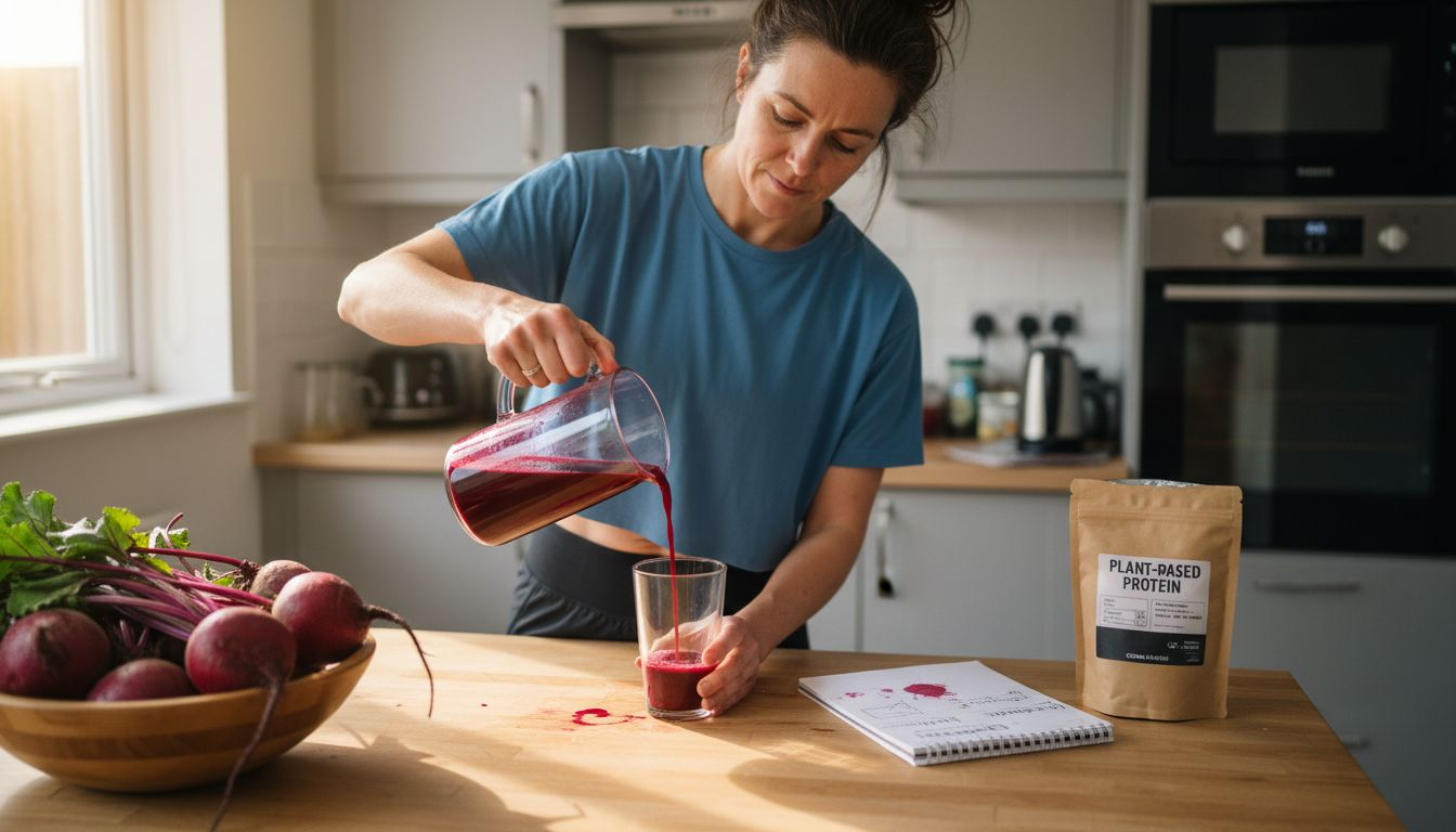 Preparing beetroot juice supplement at kitchen