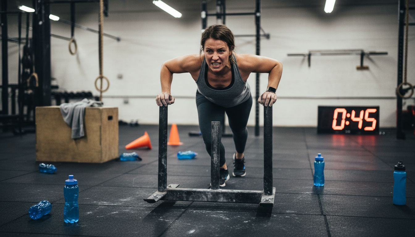 Woman pushing sled in Hyrox gym drill