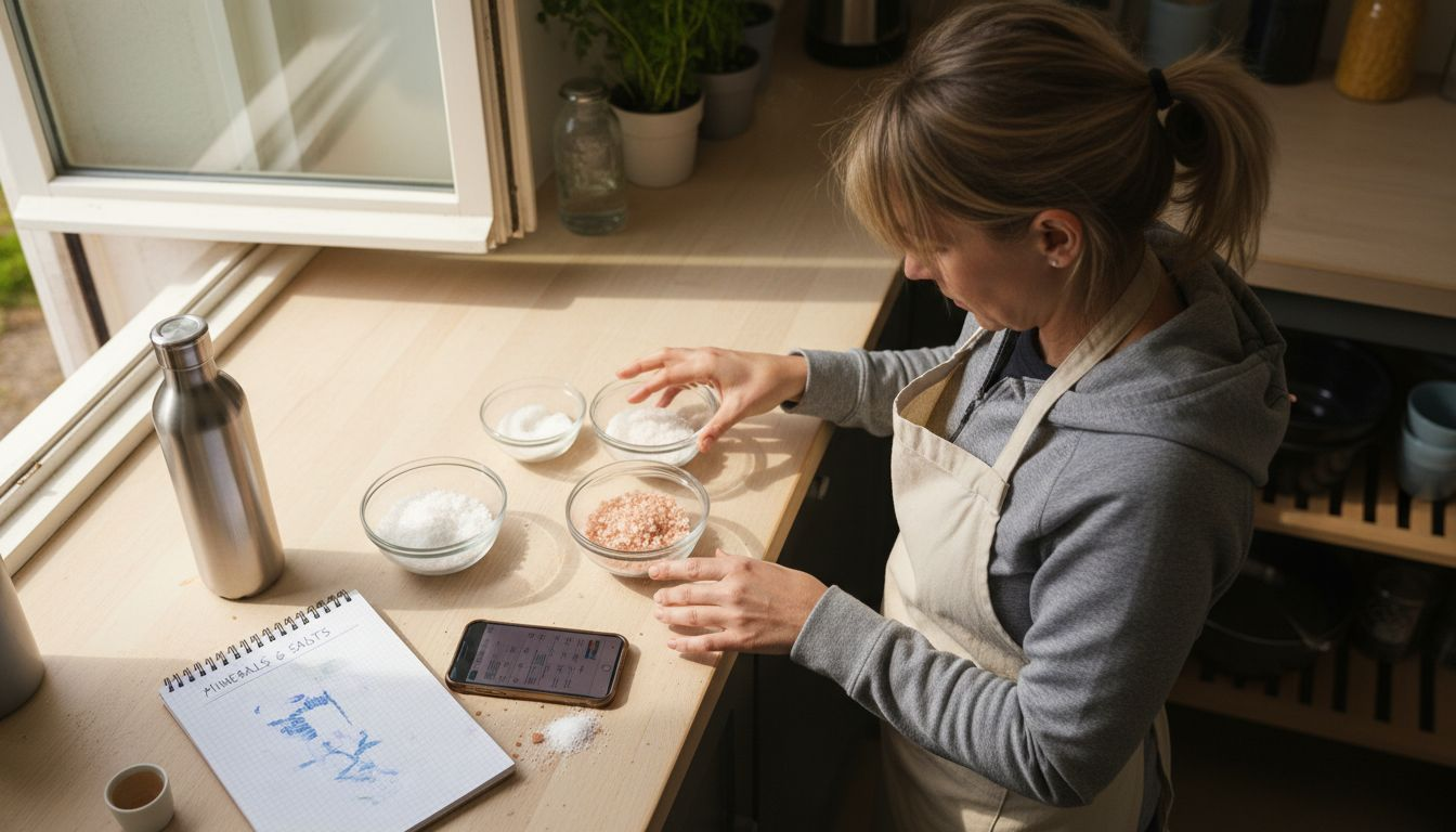 Nutritionist displaying three salt types on counter