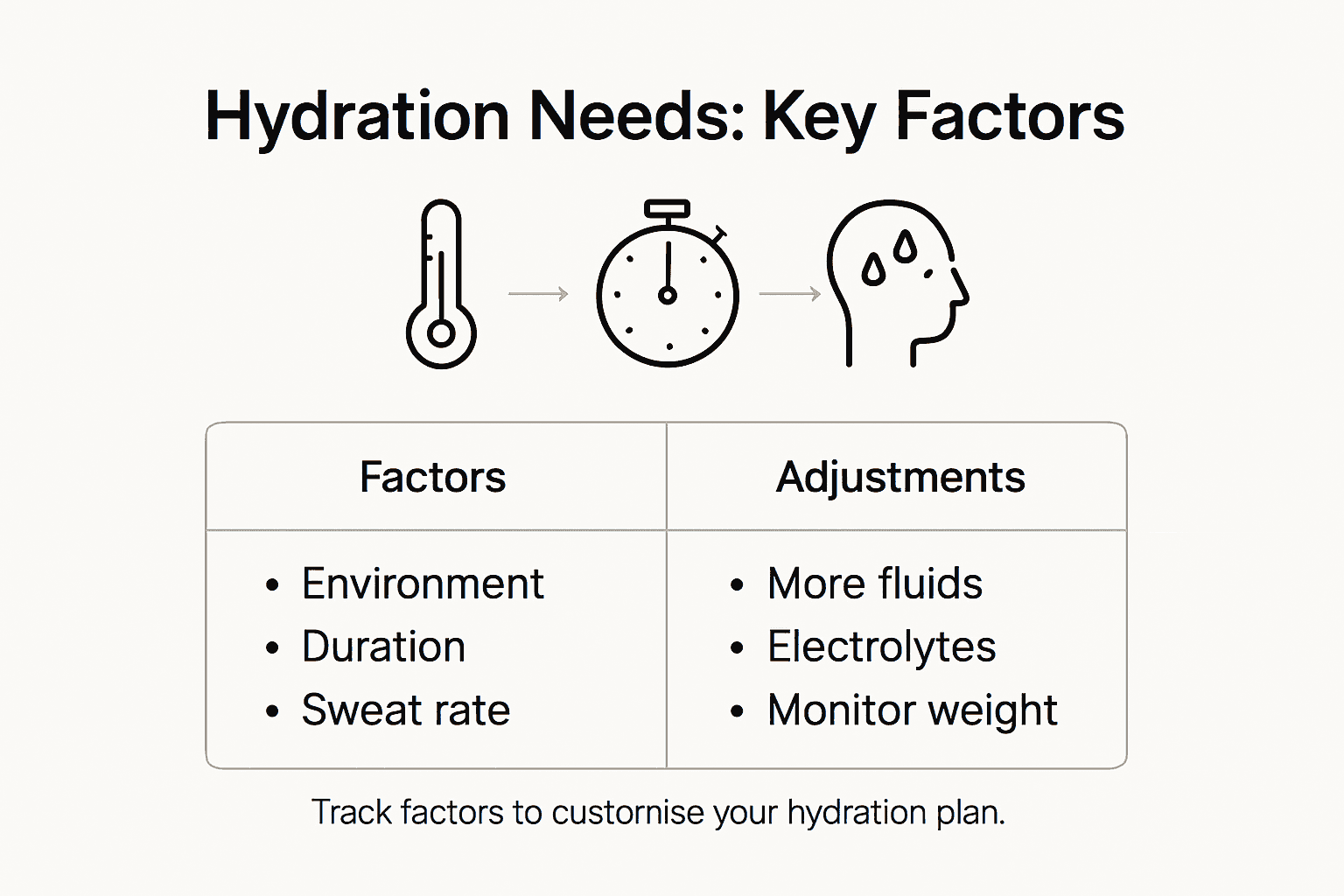 Infographic showing hydration need factors and adjustments