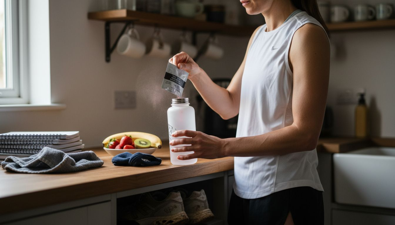 Athlete preparing hydration drink at kitchen counter