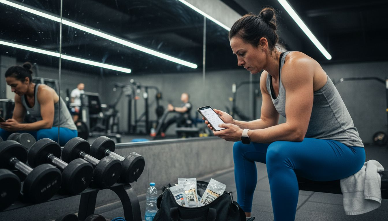 Female athlete reviewing supplement schedule at gym