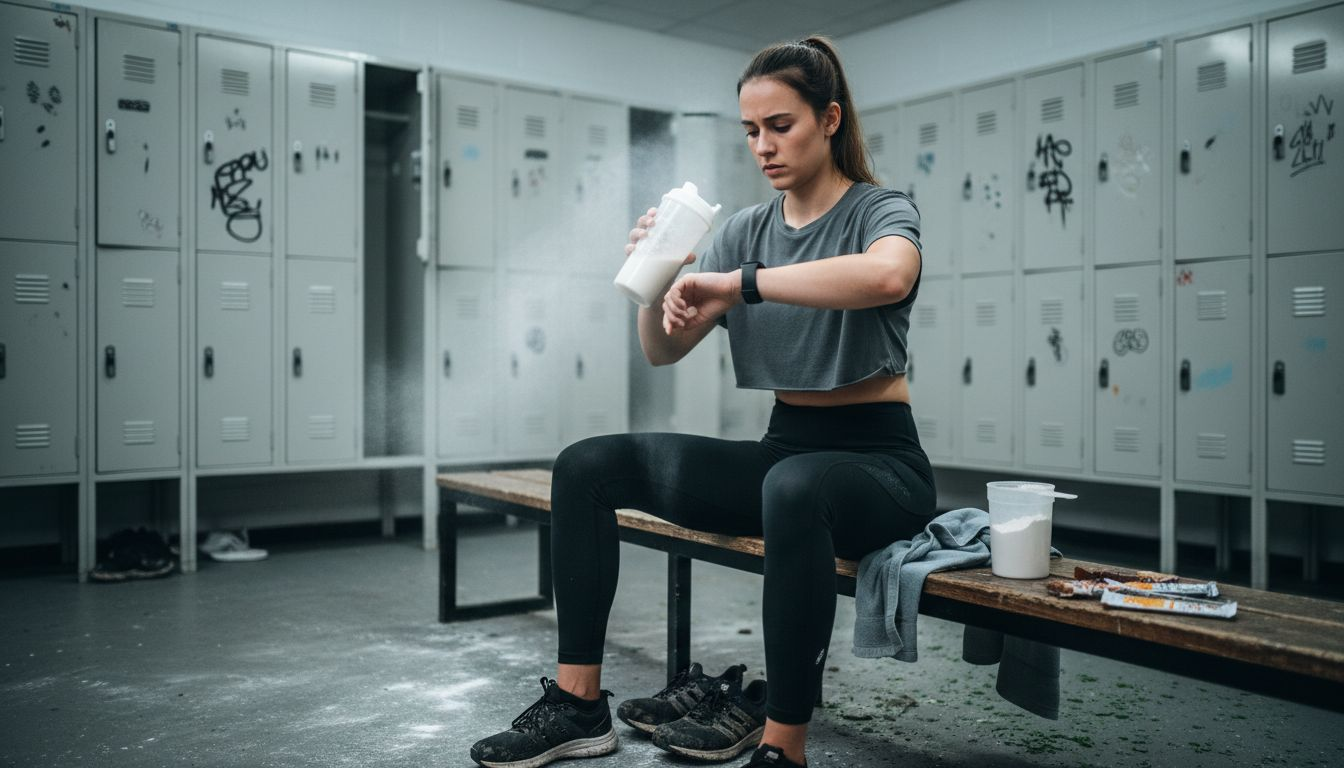 Female athlete mixing protein drink post training