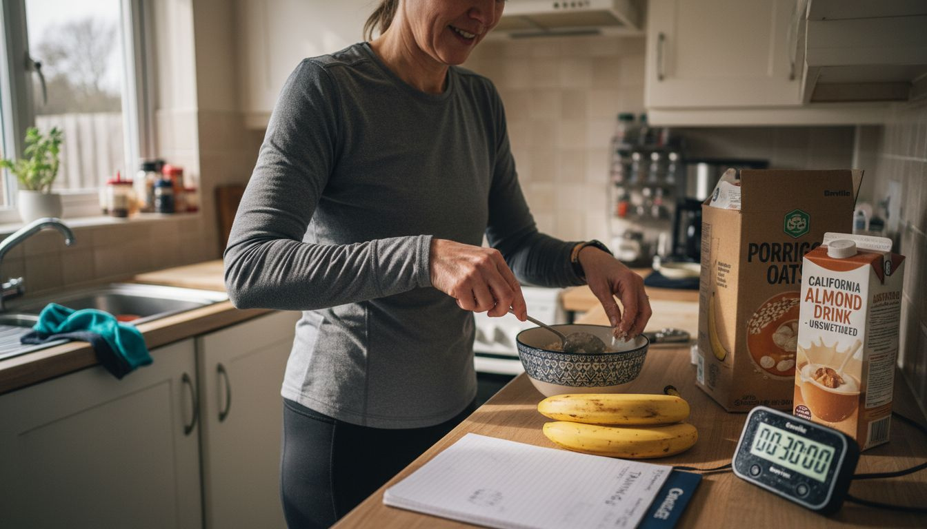 Athlete measuring pre-workout meal in kitchen