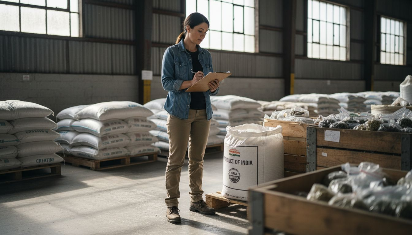 Manager inspecting supplement ingredient supplies in warehouse