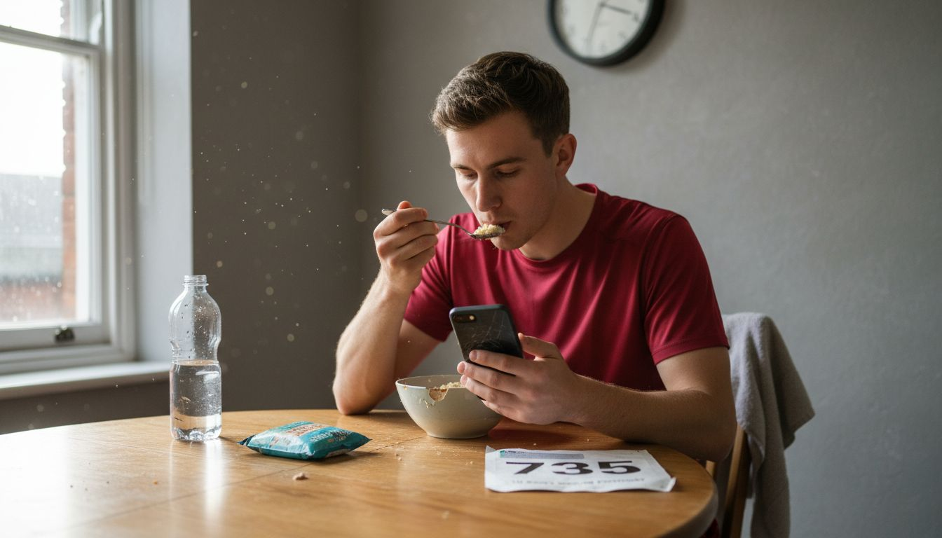 Man eating timed pre-race breakfast meal