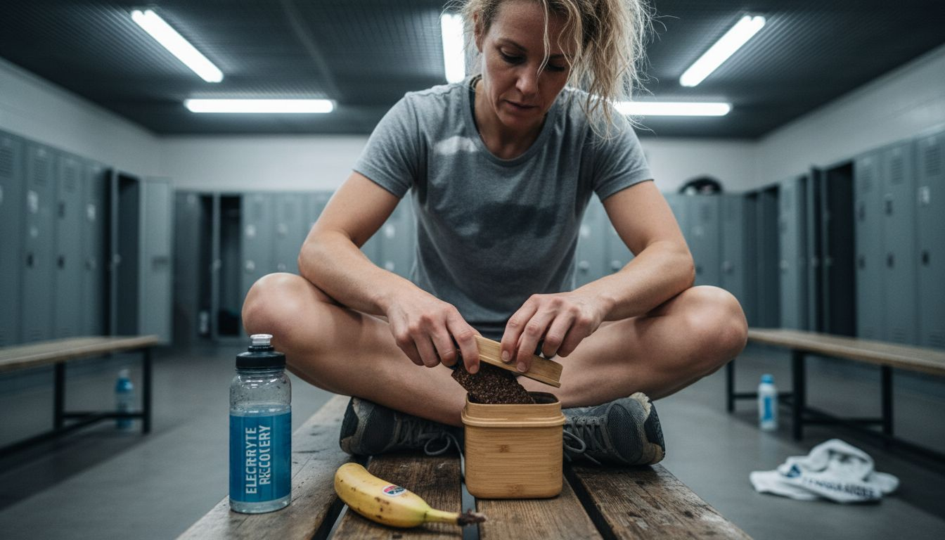 Female athlete with recovery snack locker room