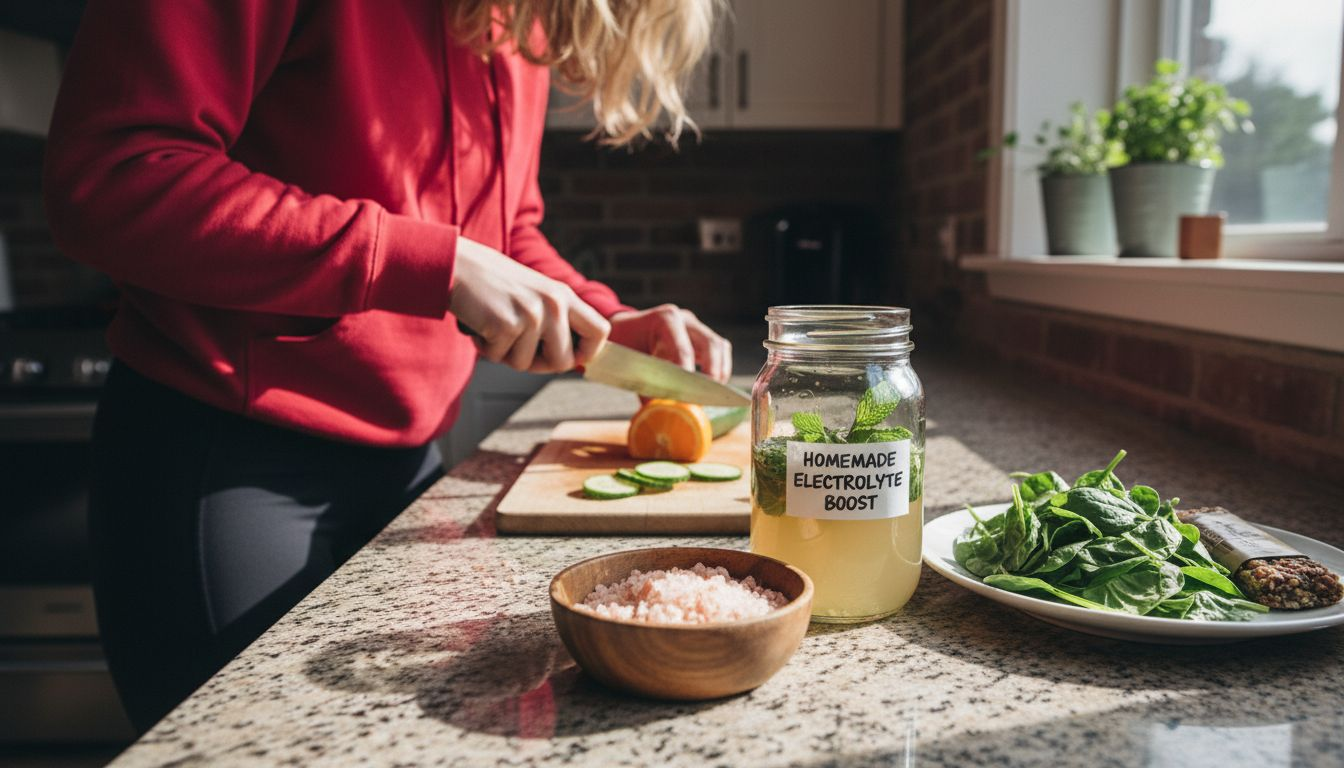 Woman preparing vegan electrolyte drink using foods