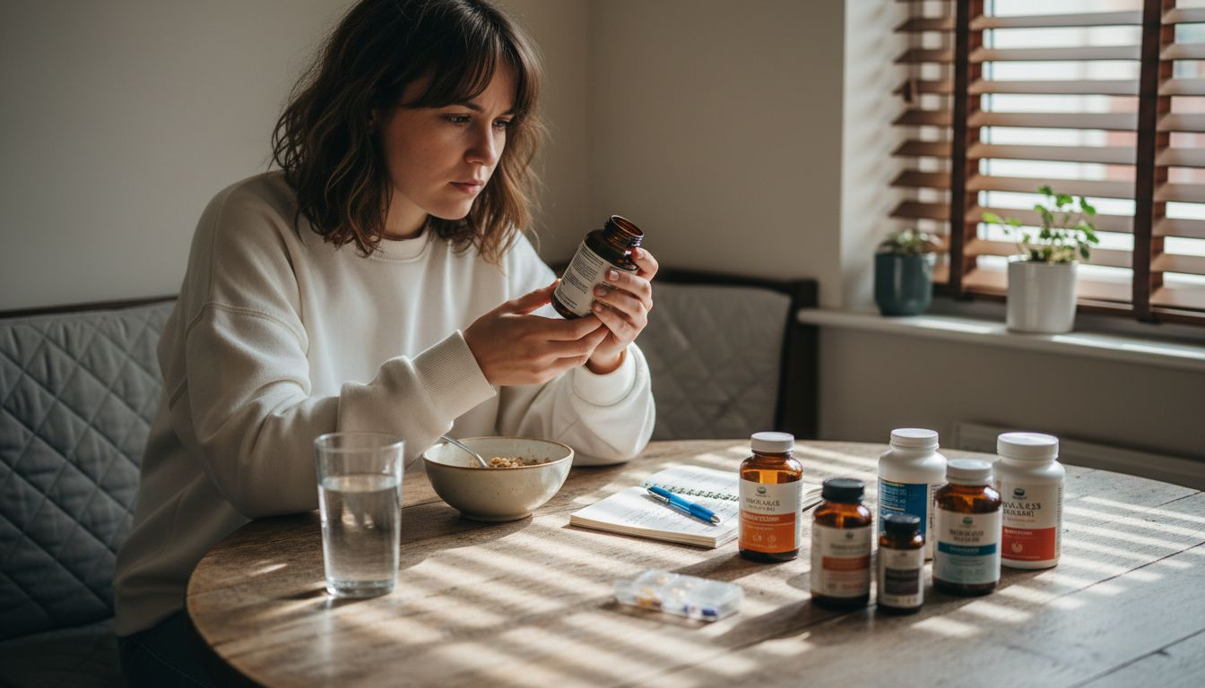 Woman selects natural supplements at table