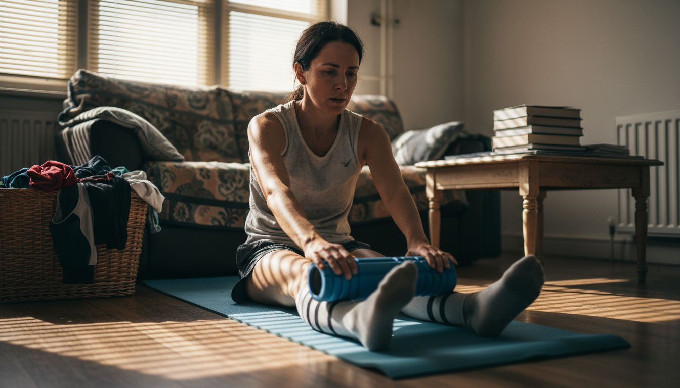Stretching with foam roller in home setting