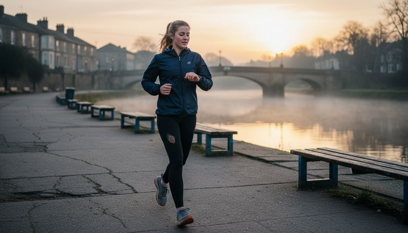 Female athlete running by riverside path