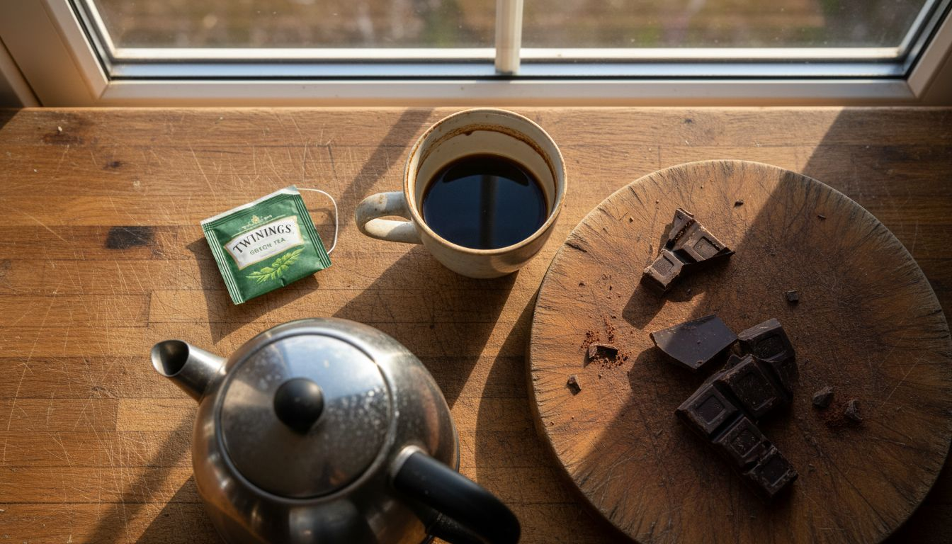Coffee, tea, chocolate on a kitchen counter