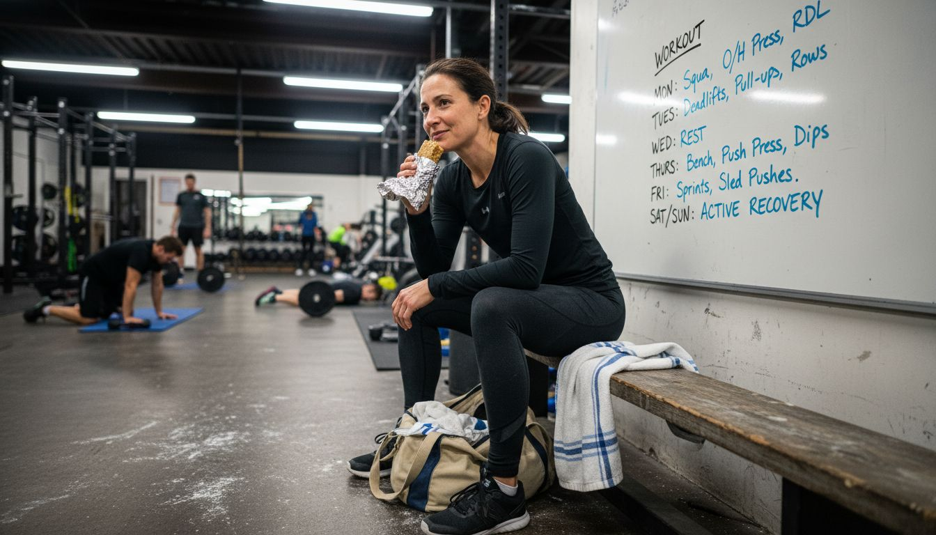 Athlete eats protein snack at gym bench