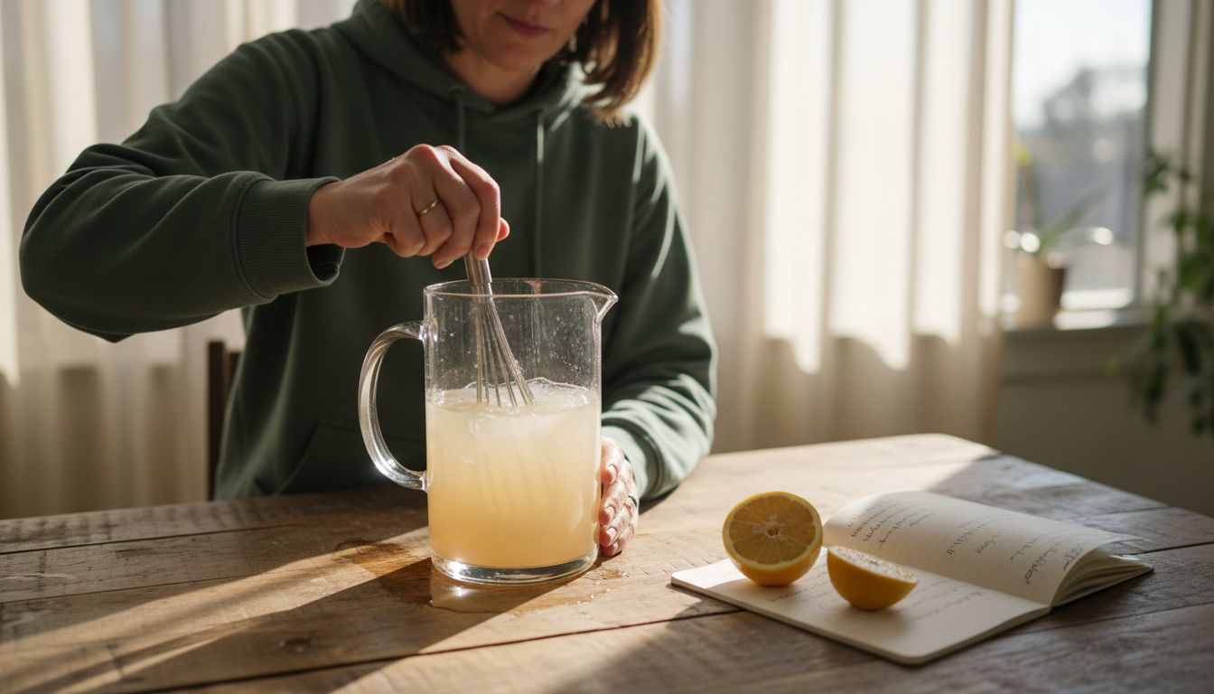 Woman stirring electrolyte drink at table