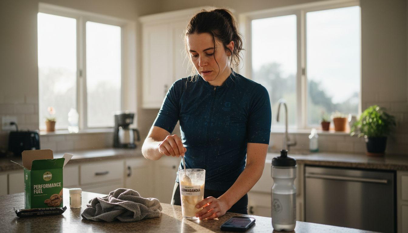 Athlete mixes ashwagandha supplement after training