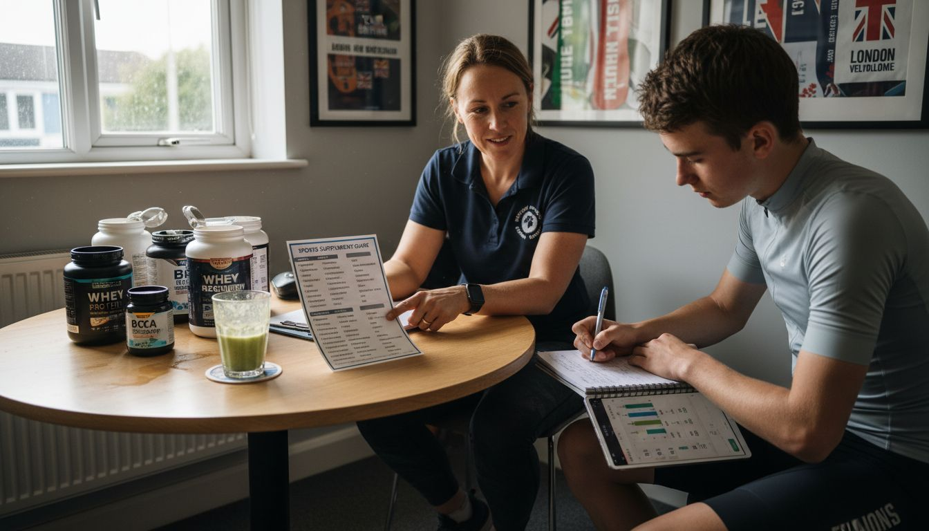 Sports nutritionist reviewing supplements with athlete