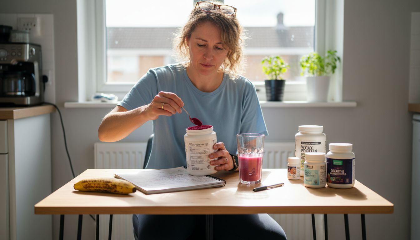 Woman mixing beetroot supplement at kitchen table