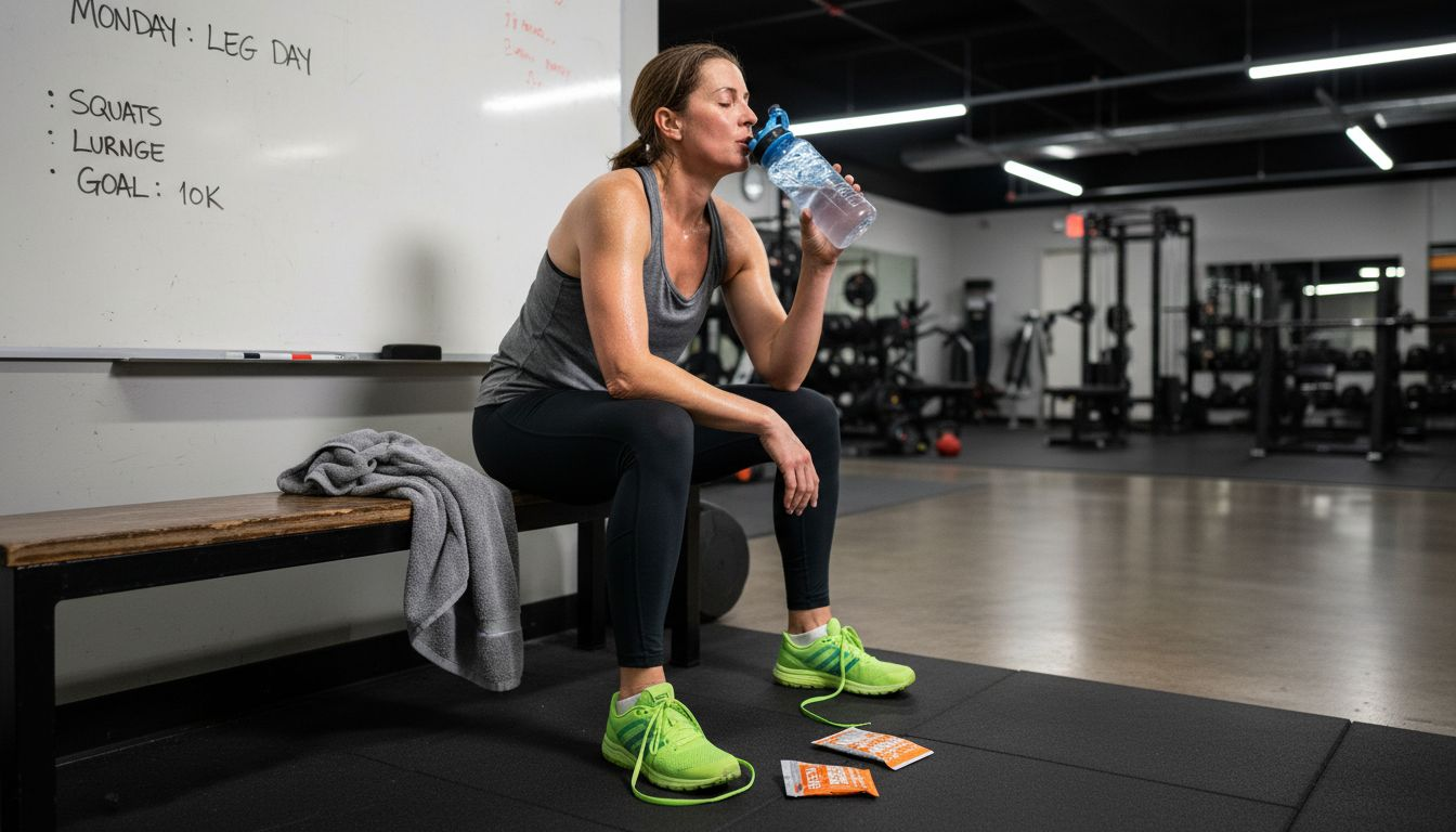 Tired woman rehydrating in functional gym