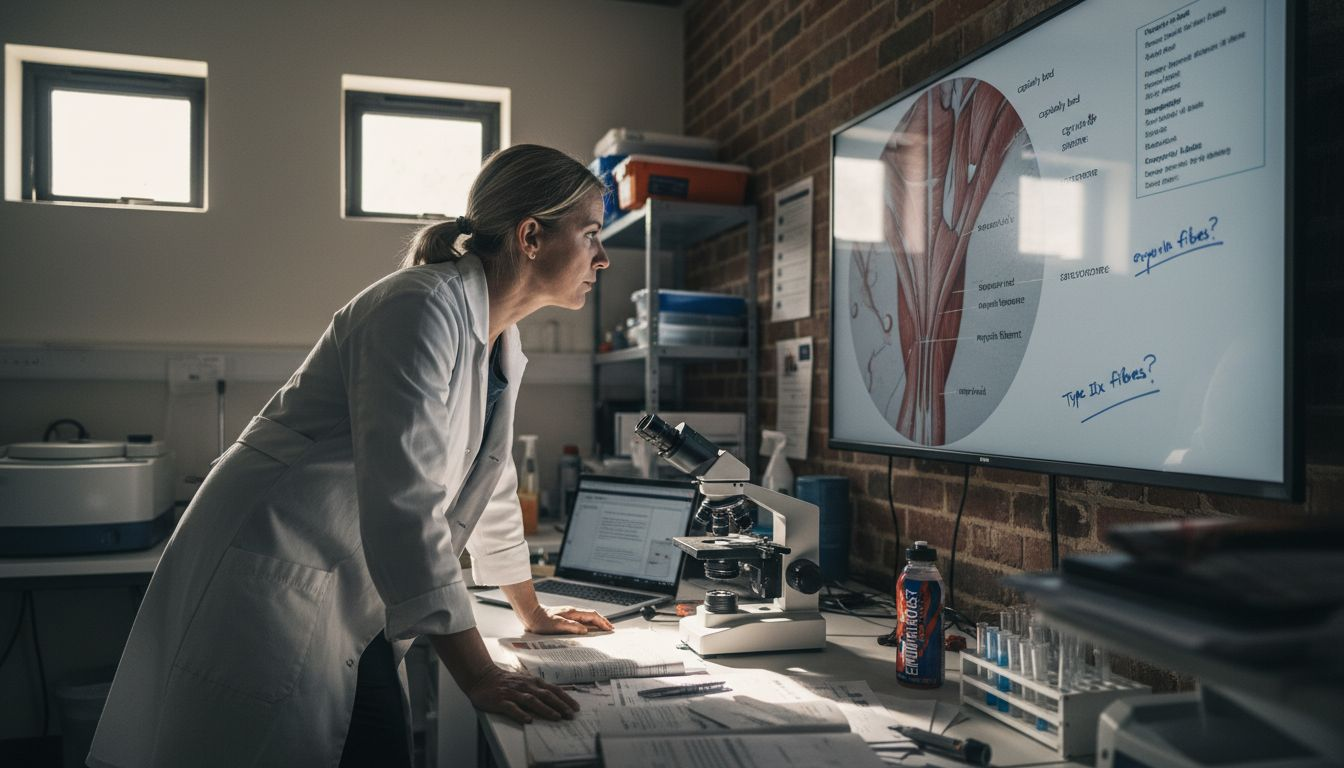 Physiologist analyzing muscle capillarization diagram