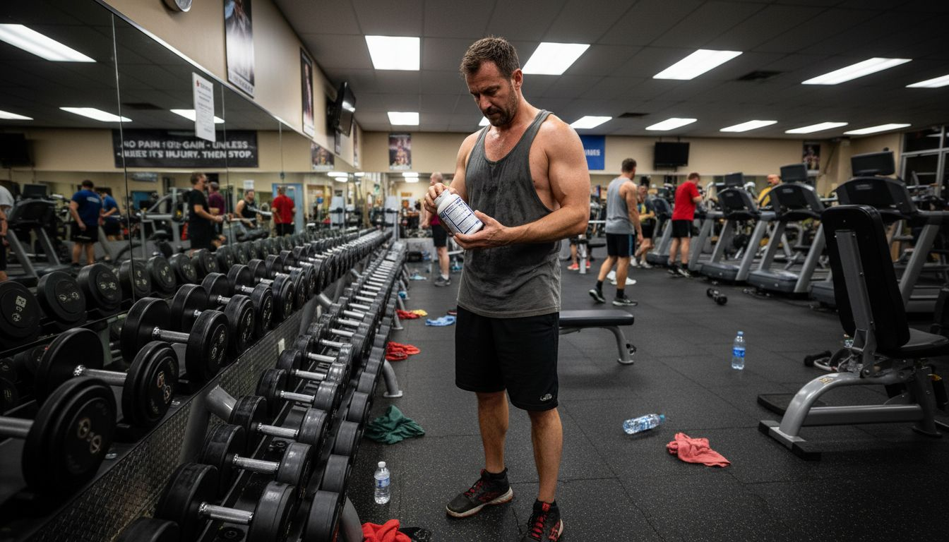 Gymgoer reading adaptogen supplement label