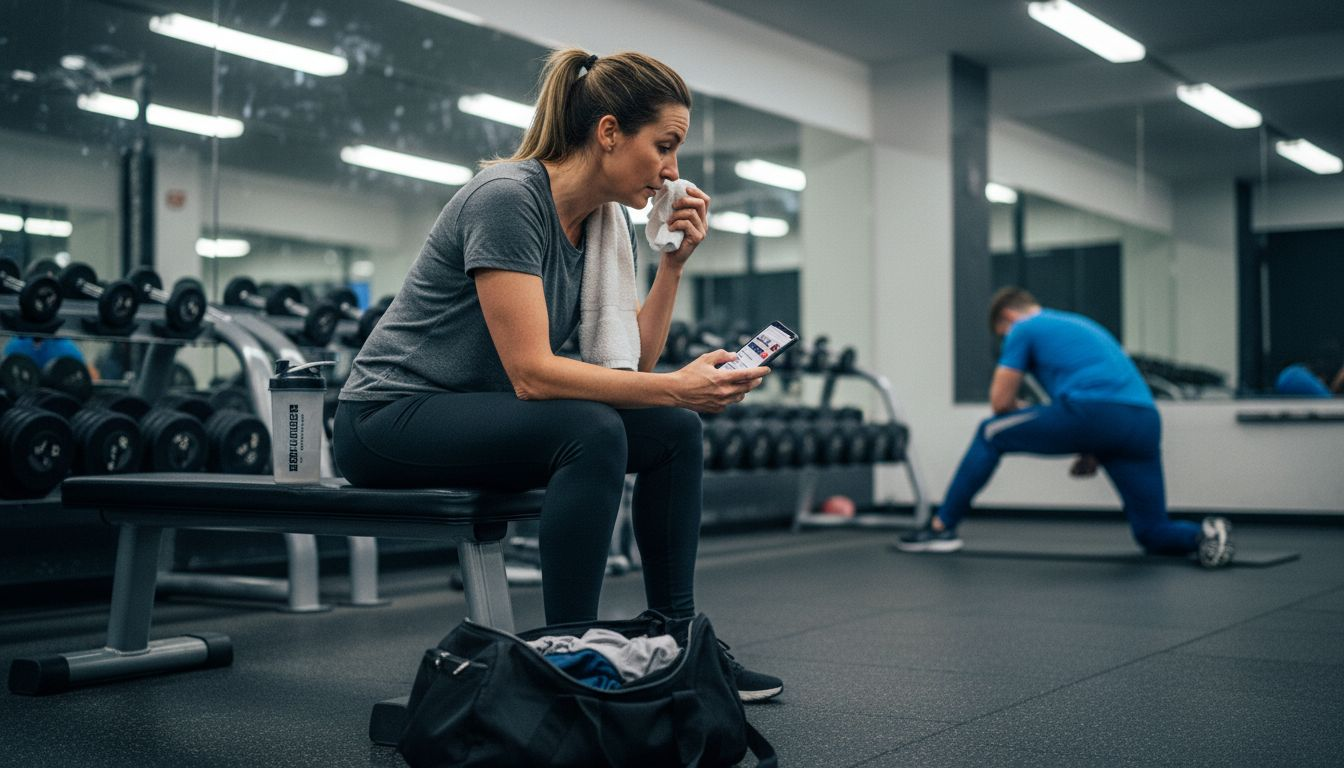 Woman recovering after workout at gym bench