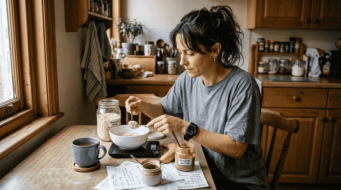 Woman preparing pre-workout meal at table
