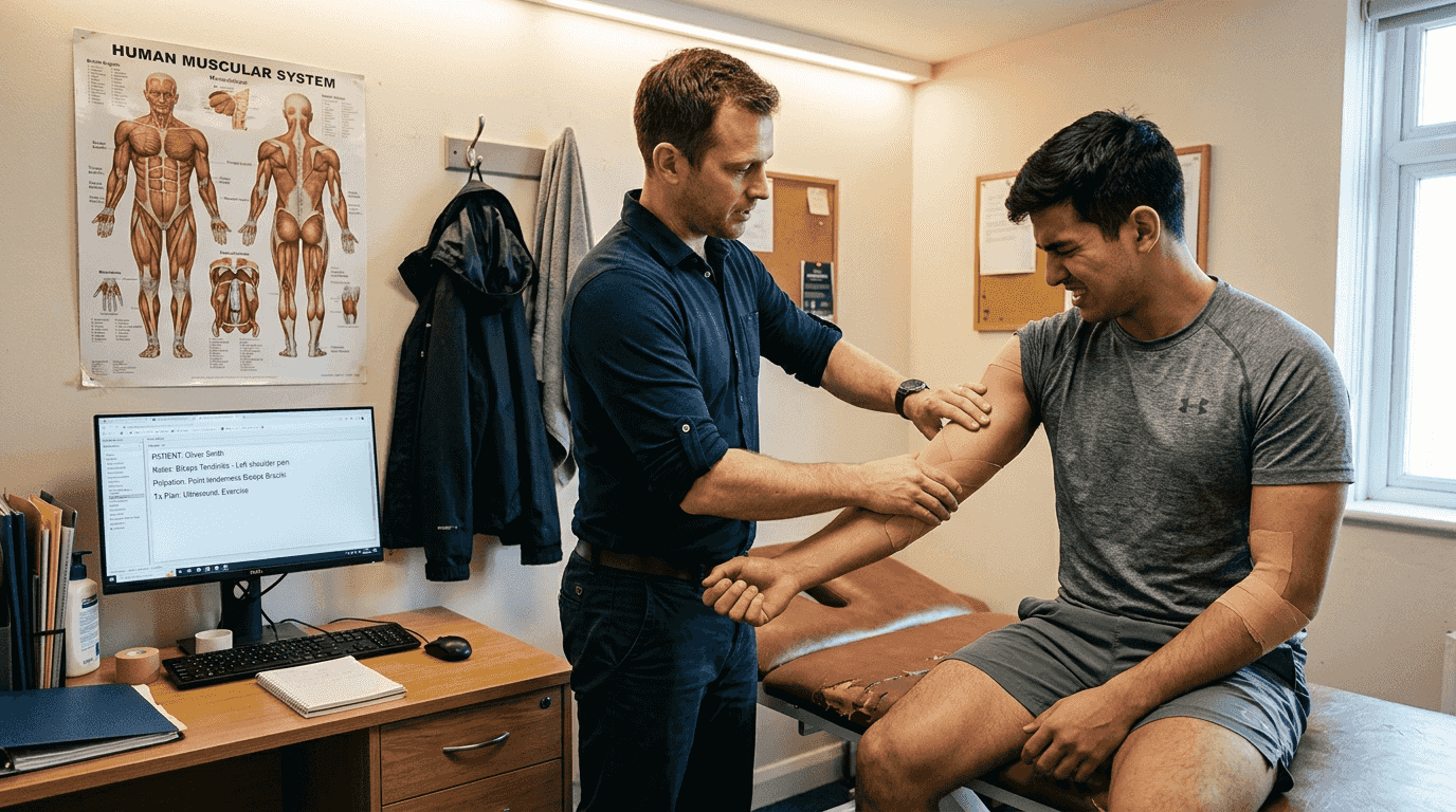 Therapist assessing muscle soreness in clinic
