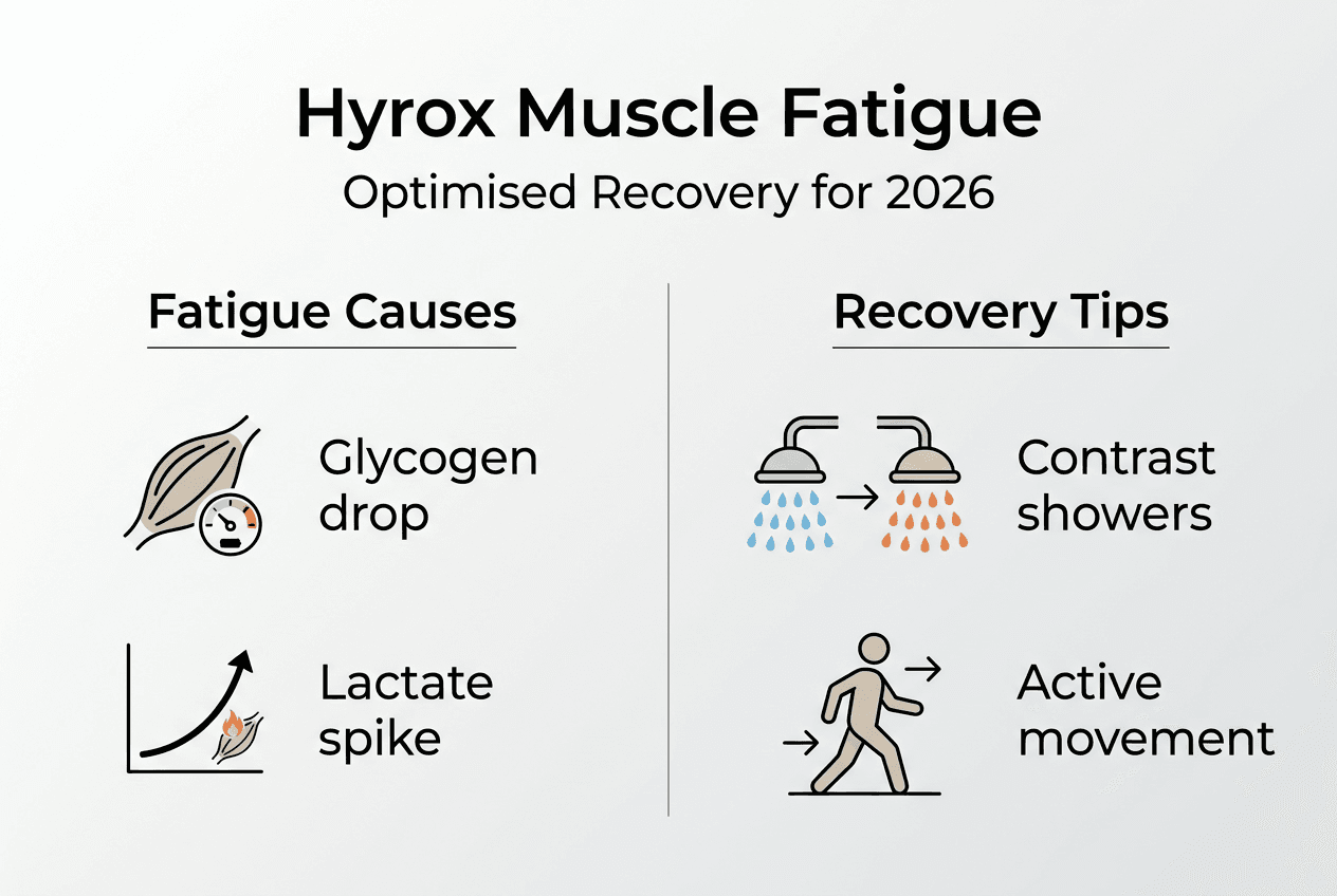 Infographic showing Hyrox muscle fatigue and recovery