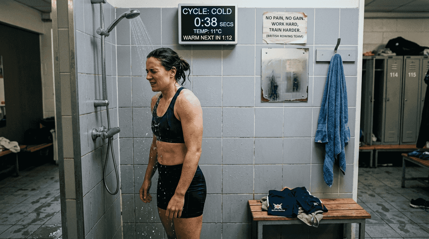Athlete using contrast shower for muscle recovery