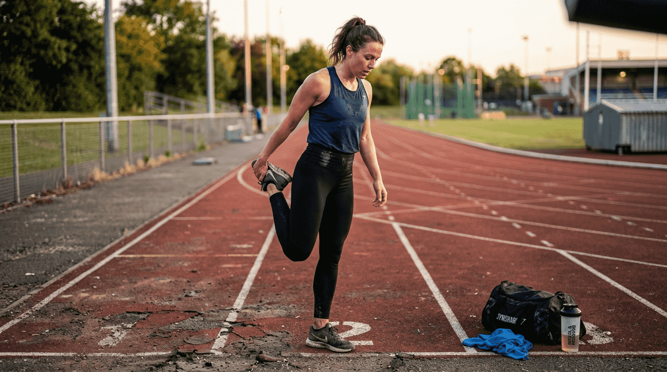 Woman stretching on running track after workout