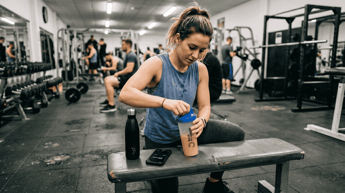 Gym-goer preparing pre-workout supplement before session
