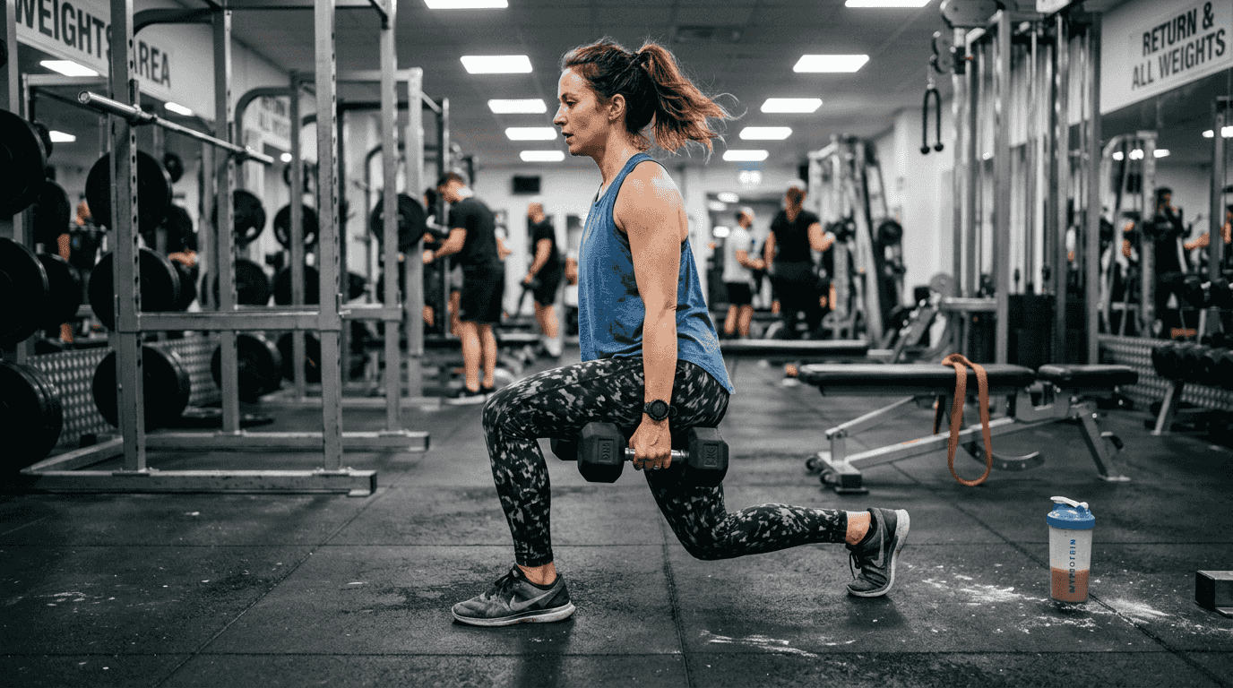Woman doing strength workout with dumbbells