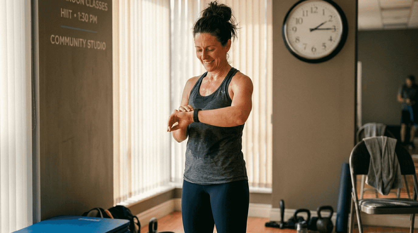 Woman reviewing HIIT workout results on tracker