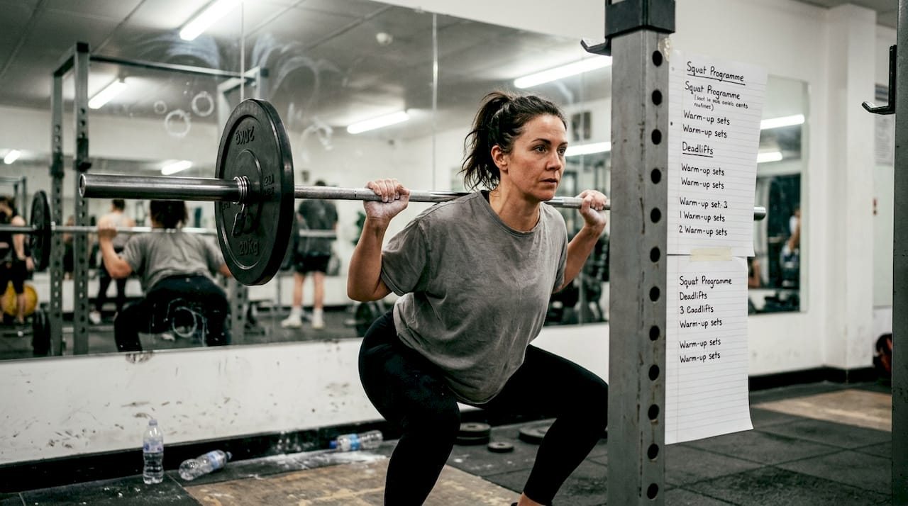Middle-aged female athlete strength training in gym