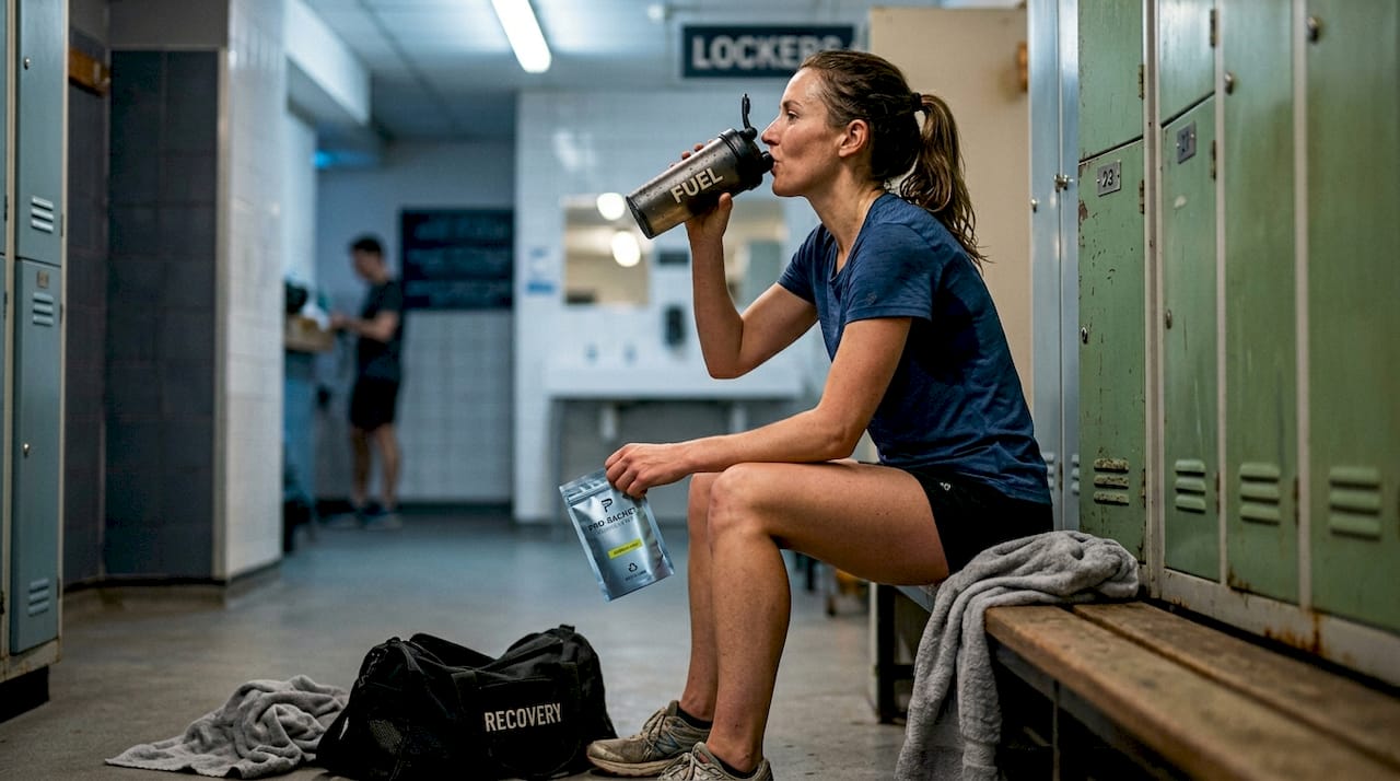 Athlete taking post-workout recovery supplements