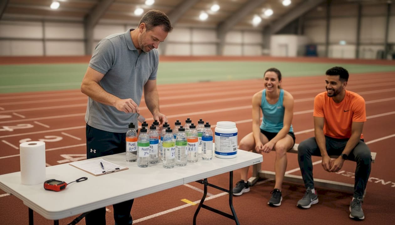 Sports scientist preparing supplements beside track