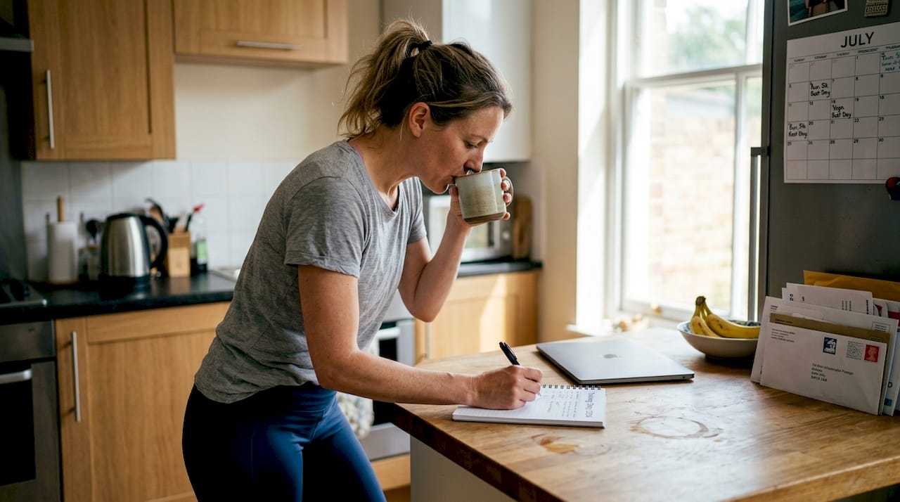 Female athlete planning training in kitchen