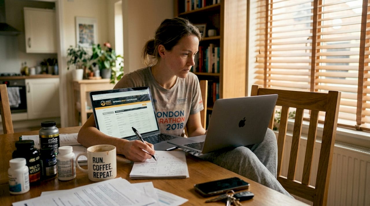 Athlete researching supplement certifications at table